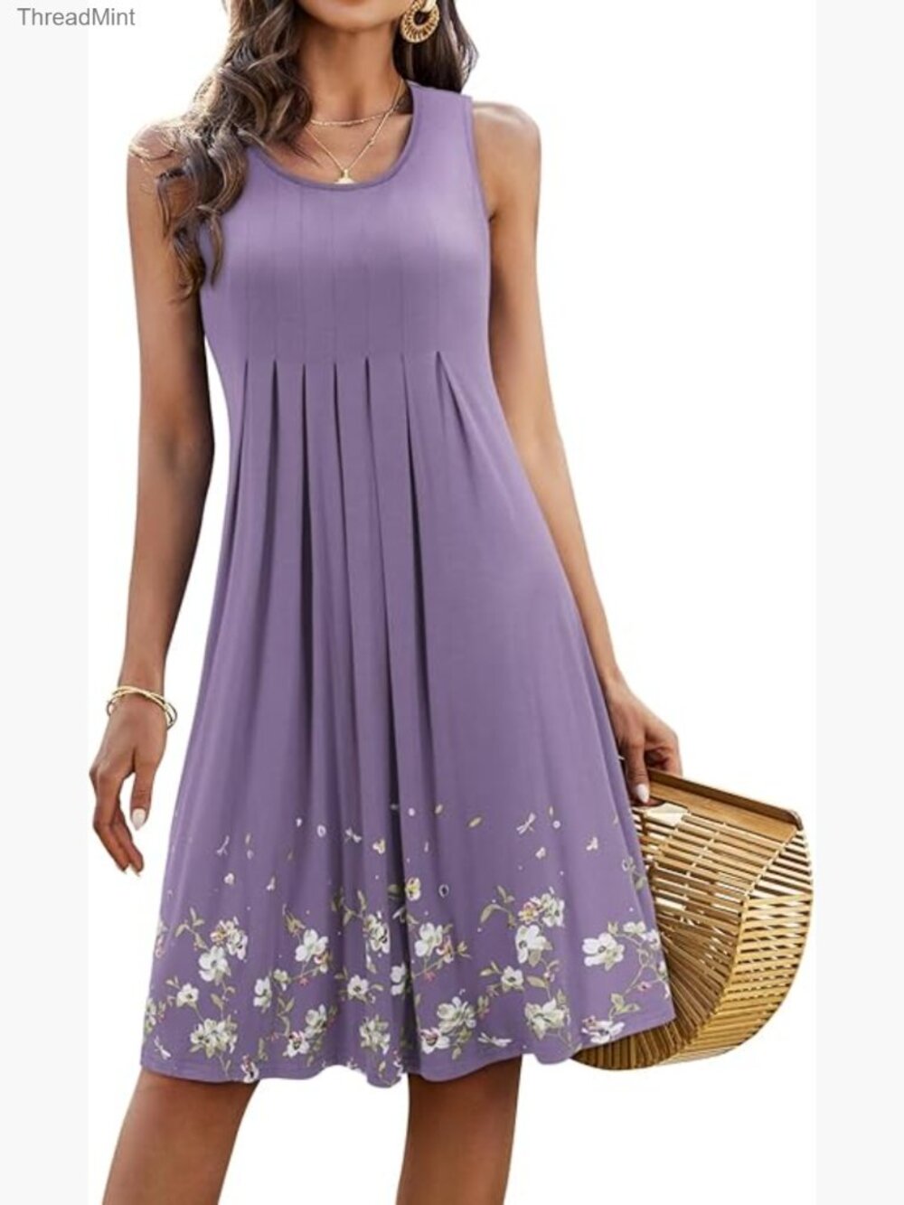 Midi Swing Sundress Floral Pleated High Waist Beach Casual Dress